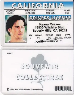 Keanu Reeves Drivers License FAKE ID I.D. Card Star Of The MATRIX / SPEED Movies • £8.64