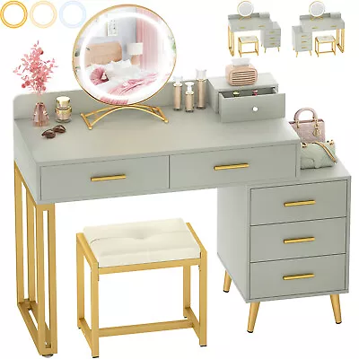 Vanity Desk Makeup Table With Mirror Lights 6 Storage Drawers  Cushioned Stool • $149.99