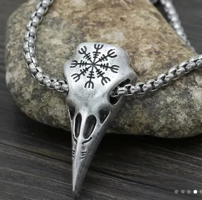 Mens Viking Raven Skull Compass Pendant Necklace Silver Steel Unisex Pagan • $10.50