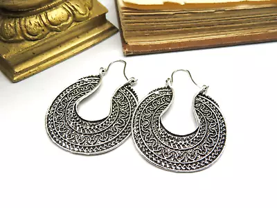 Silver Tone Middle Eastern Bohemian Style Hoop Dangle Earrings M65 • $16.99