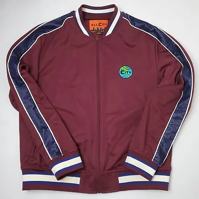 All City By Just Don Maroon Zip-Up Track Jacket Velour Striped Sleeve Globe Logo • $39.88