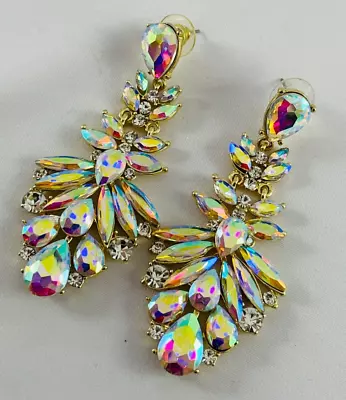 AB Crystal Cluster Rhinestone Pageant Large Dangle Drop Earrings • $20