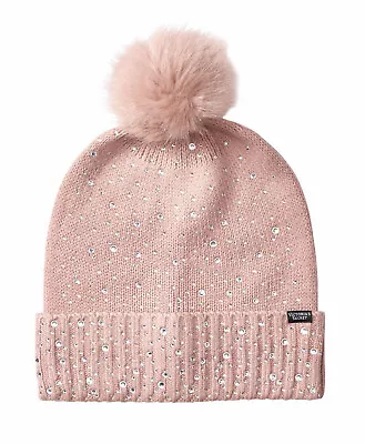 New Victoria's Secret Pink Knit Sparkle Gems Pom Pom Beanie Hat Cap Winter Warm • $29.99