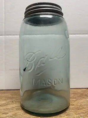 Ball Mason Jar Aqua Blue No5 1900-1910 Zinc Lid Quart • $6