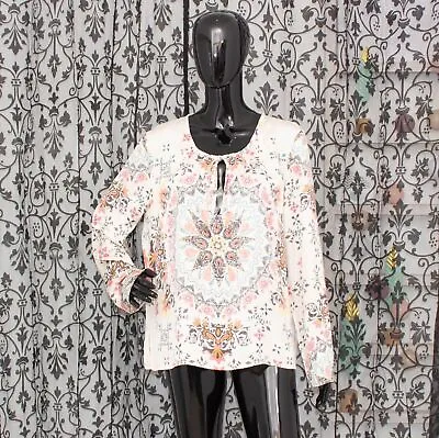 ODD MOLLY Blouse Ivory Aztec Satin Top Art Bohemian Viscose Size 3 UK16 Large • $52.98