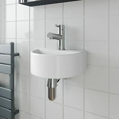 Cloakroom Wall Hung Basin Sink Hand Wash Round 1 Tap Hole White Modern Bathroom • £49.97