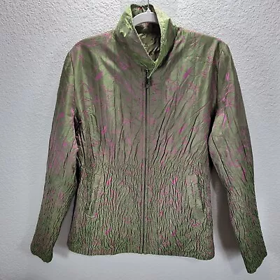 UBU Green Pink Crinkled Ruched Jacket Reversible Zip Up Casual Women's Sz L • $44.09