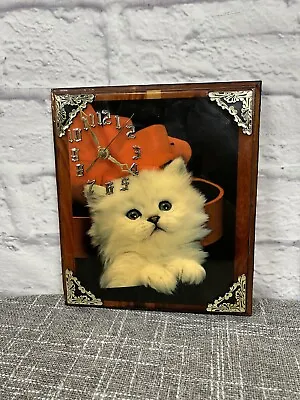 Vintage Lacquered Kitten Clock Cat Flowers Picture Wooden 11 X10  Needs TLC • $83.04