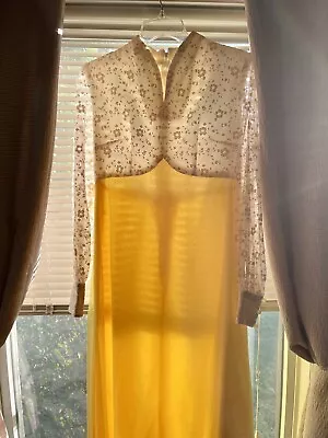 60s 70s Solid Yellow Bridesmaid Prom Maxi Dress Sheer Sleeves Hand Sewn • $20