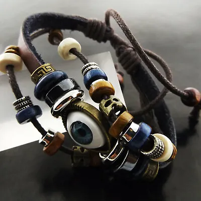 Evil Eye Bracelet Bangle Beads Leather Strand Men's Ladies Adjustable Size    • $13.95