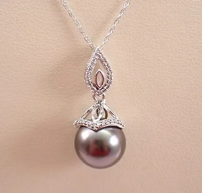 14K White Gold Diamond And Black Tahitian Pearl Drop Pendant Necklace Chain 18  • $849