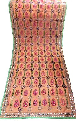 Vintage Hand Embroidered Phulkari Peach Dupatta Long Stole Wrap AD2097 • $35.19