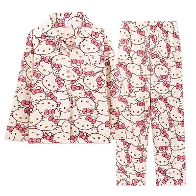 Women Hello Kitty Print Pajamas Set Nightwear Cartoon Long Sleeve Shirt + Pants • $27.86