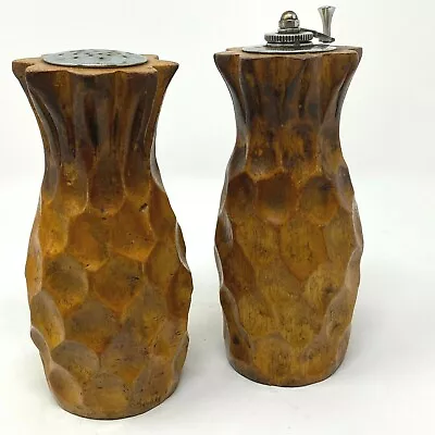 Tan Hawaiian Polynesian Pineapple Salt And Pepper Shakers Set Wooden Mid Century • $46.95