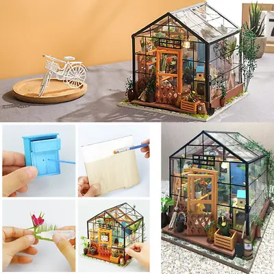 Diy Wooden Doll House Kit With Greenhouse And Led Light For Kids And Adults • £36.60