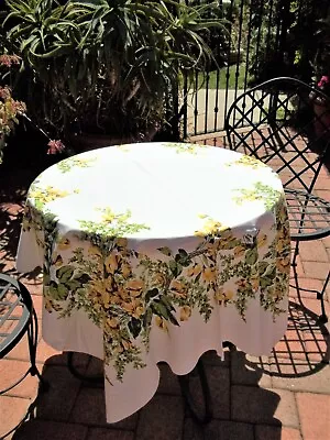 Vtg California Hand Prints Yellow Flowers Big Leafs 44 X 54  Table Cloth 60's • $28.90