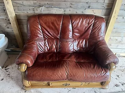 Traditional Leather Solid Oak Framed 2 And 3 Seater Sofa Lounge • £300