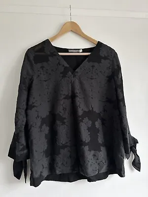 MINT VELVET Black Floral SemiSheer Crop Tie Sleeve VNeck Top Blouse UK 12 • £19.99