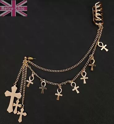 EAR CUFF Cross GOLD CROSSES EARRING Goldtone GOTH Punk Earcuff Gothic Long Chain • $3.72