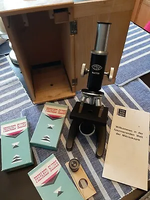 Vintage Iveco Lux No. 477 28 Microscope With Prepared Slides In Wooden Box Mint  • $69.99