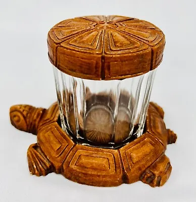 Vintage Burlwood Carved Turtle Candy Sugar Glass Container Jar With Carved Lid • $20