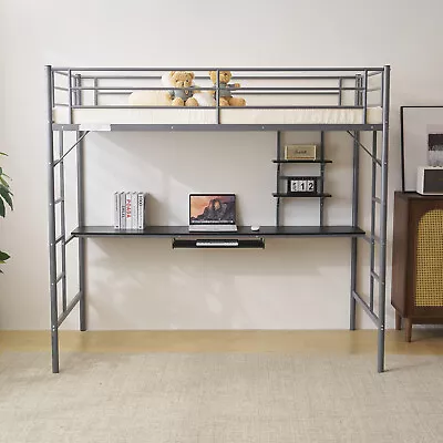 Metal Bed Platform Over Bunk Bed Frame With Desk & Two-side Ladders • $167.99