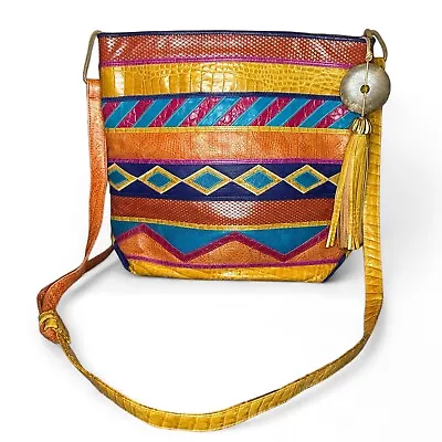 Vintage Sharif Leather Crossbody Purse W/ Aztec & Snakeskin Accents • $35