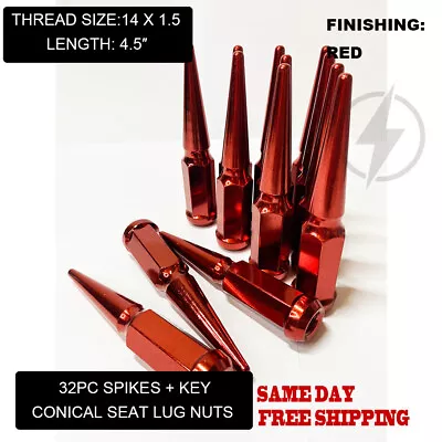 FIT GMC SAVANA SIERRA 2500 3500 HD CONE SEAT 3/4HEX SPIKE LUG NUT 14x1.5 RED 32 • $60.99