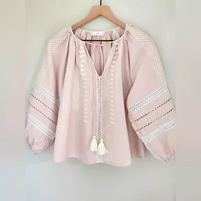 MNG Pink Linen Blend Embroidered Crochet Top Women's S • $24