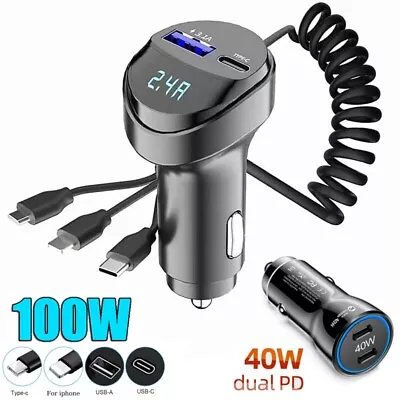 3 In 1 Retractable Car Charger Cable Dual Ports USB C PD Fast Charging Adapter • $16.59