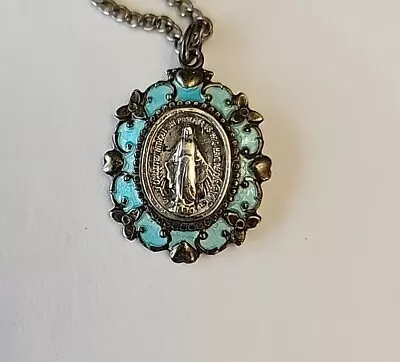 Vintage Sterling Silver And Enamel Mary Miraculous Catholic Pendant Necklace • $35