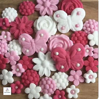36 Edible Pink & White FLOWERS BUTTERFLIES Fondant Cake Toppers Birthday Girl • £6.99