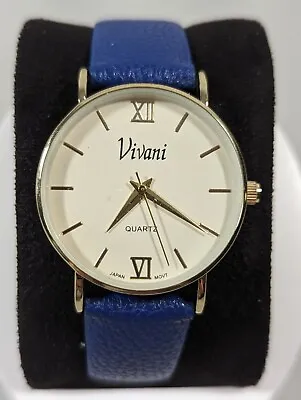 Vivani Womans White Dial Round Gold Tone Case Blue Faux Leather Band Watch • $13.99