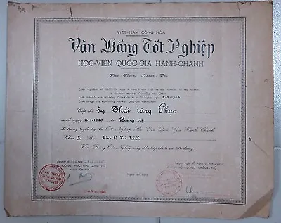 Vietnam VNCH Certificate HỌC VIỆN QUỐC GIA HÀNH CHÁNH 1965 • $40