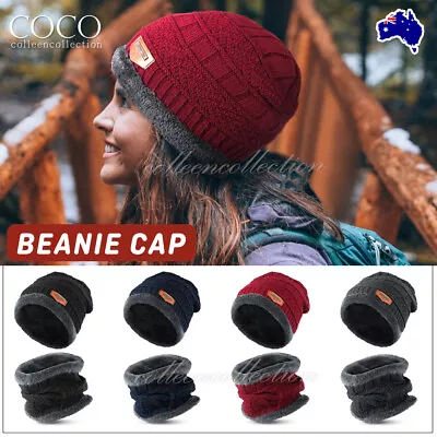 Men Beanie Cap Black Hat Winter Knitted Soft Neck Warm Scarf  Fleece Ski Hat • $12.45