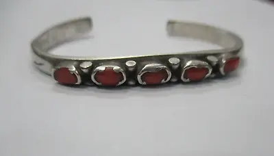 Vintage Native American Navajo Sterling Silver Cuff Bracelet With 5 Coral • $55