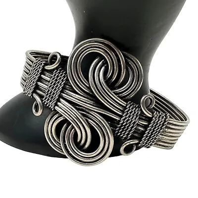 Vintage Silver Tone Wire Intricate Interlocking Swirl Design Cuff Bracelet • $30.65
