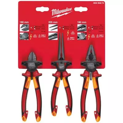 Milwaukee VDE Pliers 3pc Set Diagonal Cutter Long Round Nose Plier Combi Pl... • £129.94