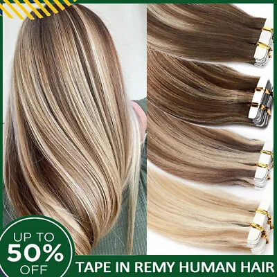 CLEARANCE Tape In 100% Real Remy Human Hair Extensions Skin Weft Full Head Thick • $49.33