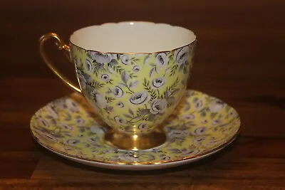 Shelley Tapestry Rose Yellow Black Gold  Ripon Flowers Teacup Tea Cup Saucer • $35