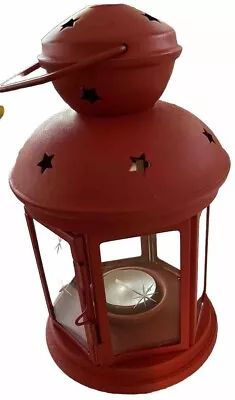 IKEA ROTERA Lantern Tea Light Candle Holder Red  Metal Starlight Glass Panels • £19.29