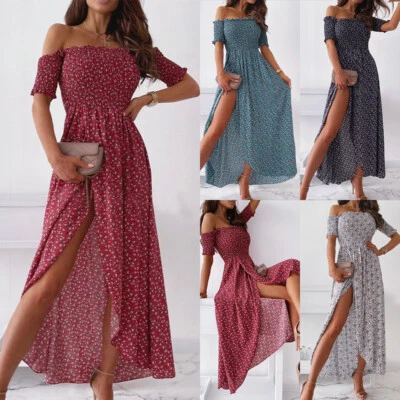 £4.29 • Buy Women Off Shoulder Slit Long Dress Ladies Summer Boob Tube Bandeau Maxi Dresses