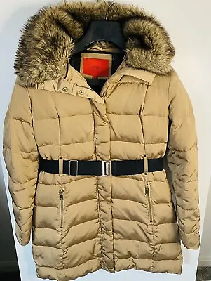 Mango Ladies Size Large Puffa Coat Belted Jacket Beige Fur Lined Hood Vgc • £22
