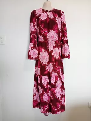 Sussan Size 14 Dress Viscose Maxi Pink Floral Purple Long Bell Sleeve • $36