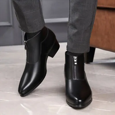 Men's Leather Ankle Boots Pointed Toe Cuban Mid Heel Dress Dress Shoes 2022 • $130.47