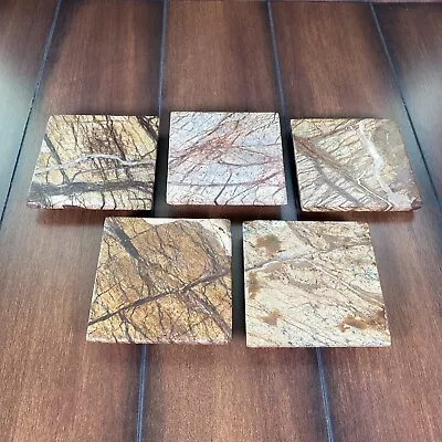 Set Of 5 Brown Tan Green Marble Coasters Candle Holders 4 X 4x 5/8 Size W/ Pads • $10.50