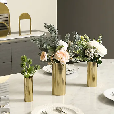 Modern Brass Tone Metal Cylinder Centerpiece Flower Vases Set Of 3 • $25.99