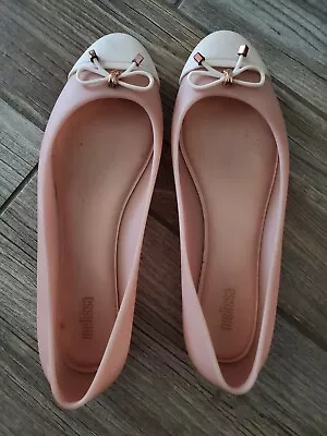 Womens Melissa  Rubber Flats Shoes Pink Tied Bow Size 8. Small Marks. Refer Pix • $35