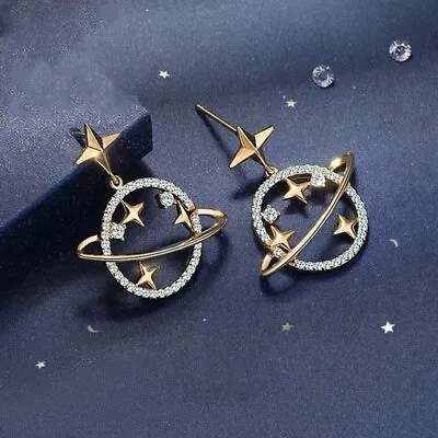 $0.66 • Buy Fashion Earrings Stud Dangle Hollow Gold Star Moon Planet Rhinestone Women Gift