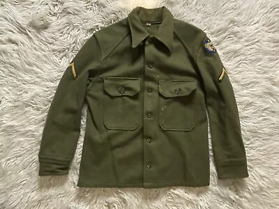 Vintage Wool Military Green Shirt Jacket Army Field Coat ￼ Alaska Defense Patch • $45